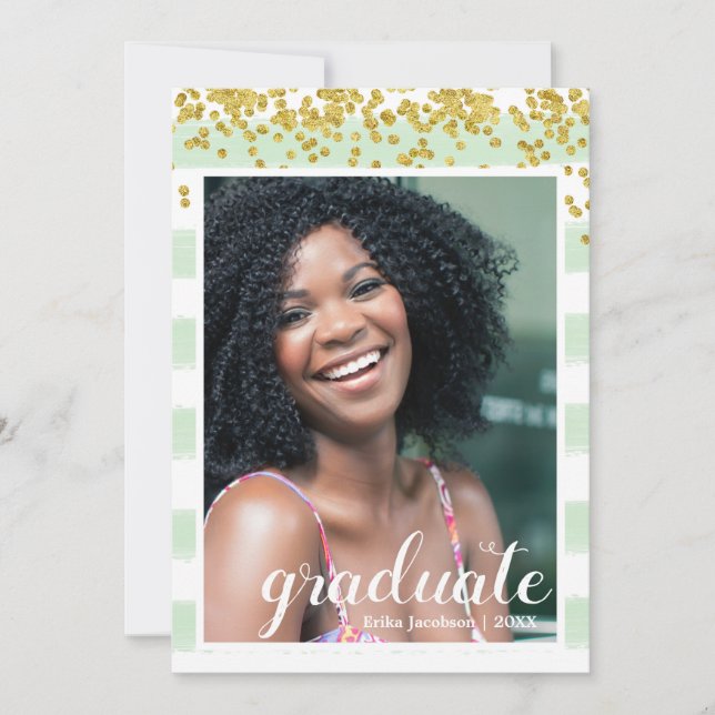 Modern Green & Gold Striped Graduate Party Cards (Front)
