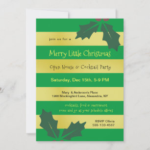 Modern Green Gold Stripes Holiday Party Invitation