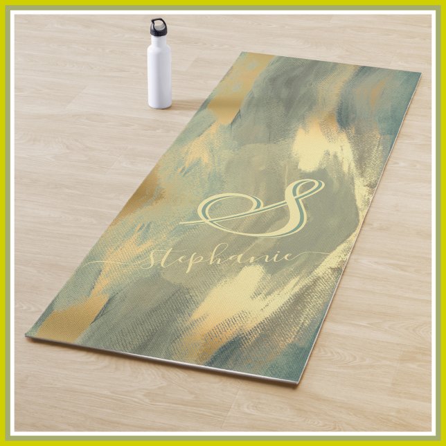 Modern Green Gold Strokes 3-Colour Monogram  Yoga  Mat (Creator Uploaded)