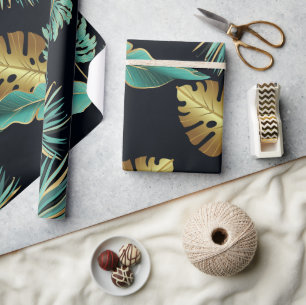 Modern Green Gold Tropical Leaves Wrapping Paper