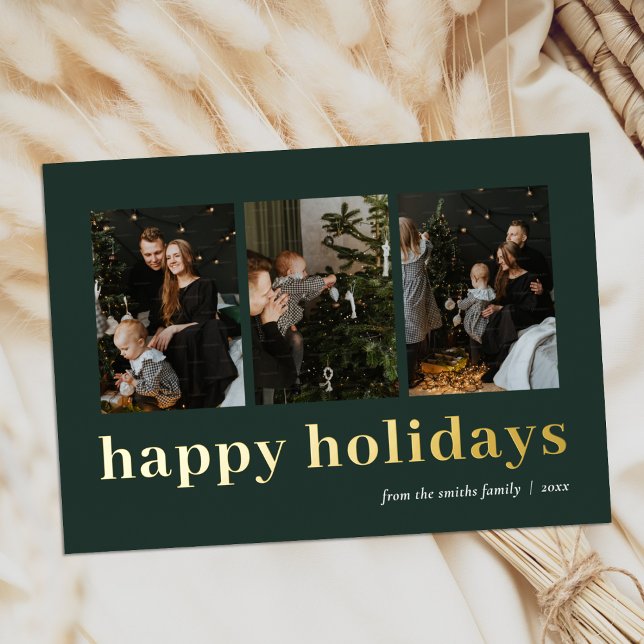 Modern Green Gold Typography Happy Holidays Photo Foil Holiday Card (Creator Uploaded)