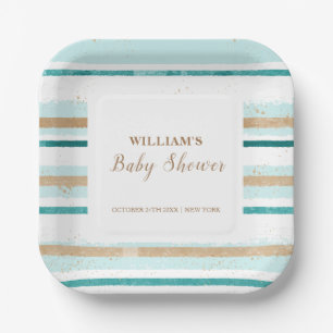 Modern Green Gold Watercolor Stripe Baby Shower Paper Plate