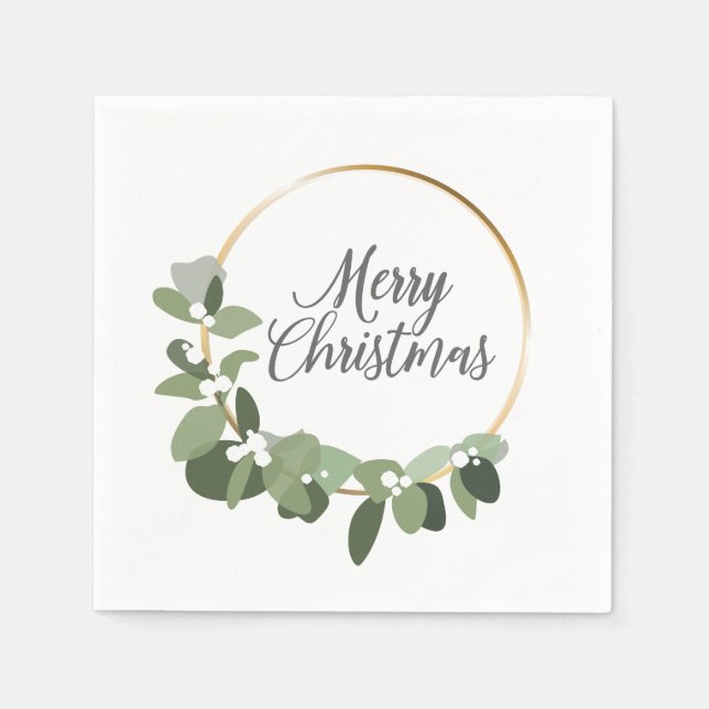 Modern Green Gold Wreath Merry Christmas Party Napkin (Front)