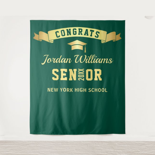 Modern Green Golden Graduation Photo Backdrop Tapestry (Front)