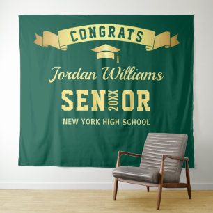 Modern Green Golden Graduation Photo Backdrop Tapestry