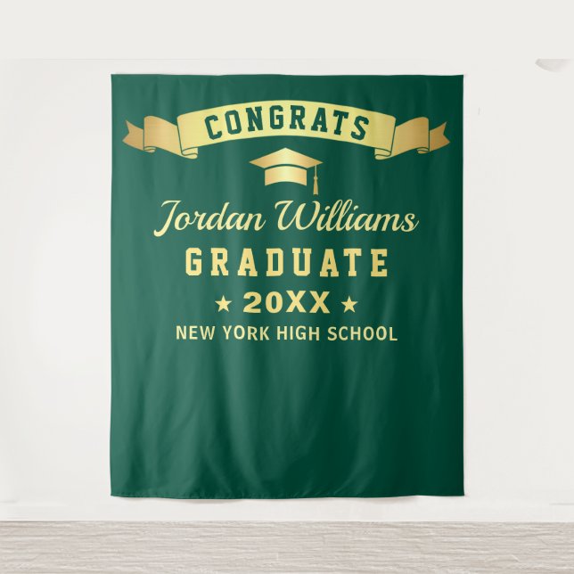 Modern Green Golden Graduation Photo Backdrop Tapestry (Front)