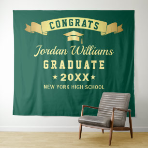 Modern Green Golden Graduation Photo Backdrop Tapestry