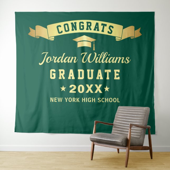 Modern Green Golden Graduation Photo Backdrop Tapestry (In Situ (Horizontal))