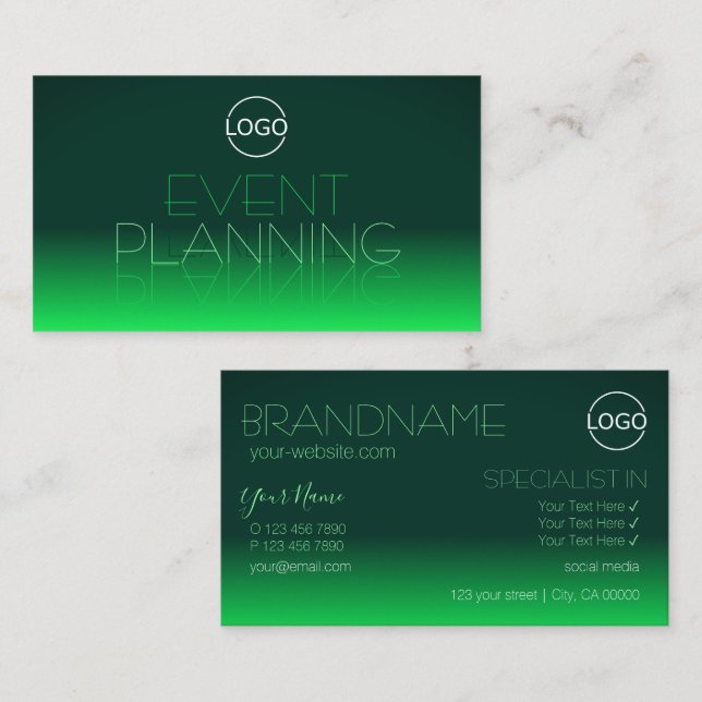 Modern Green Gradient Chic Mirror Font with Logo Business Card (Front/Back)