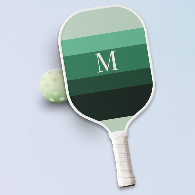 Modern Green Gradient Stripes Monogrammed Pickleball Paddle (A stylish, monogrammed pickleball paddle, with a modern color block design of green gradient stripes)
