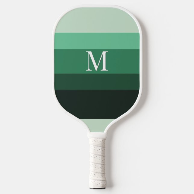 Modern Green Gradient Stripes Monogrammed Pickleball Paddle (Front)