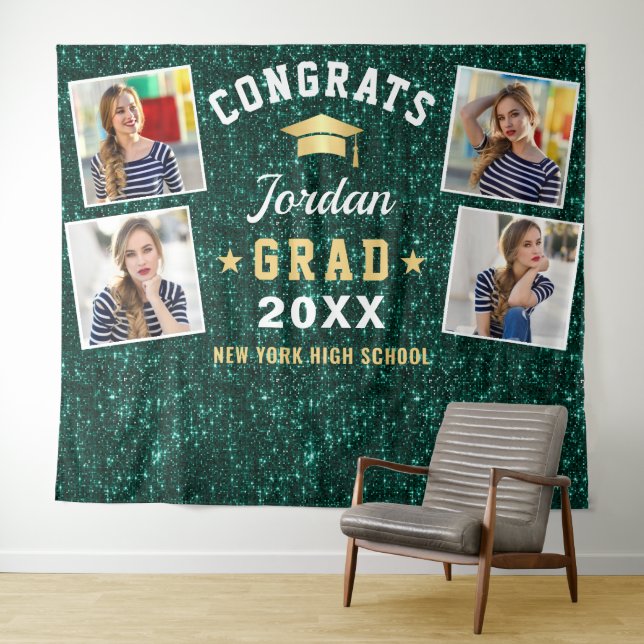 Modern Green Graduation 4 Photo Booth Backdrop Tapestry (In Situ (Horizontal))