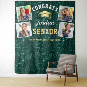 Modern Green Graduation 4 Photo Booth Backdrop Tapestry