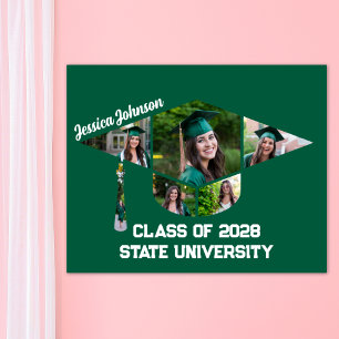 Modern Green Graduation Cap Shape Photo Collage Poster