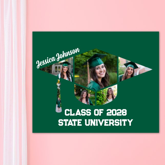 Modern Green Graduation Cap Shape Photo Collage Poster (Green Graduation Cap Shape Photo Collage Poster Print)