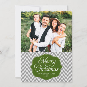 Modern Green Grey Chevron Christmas Photo Card