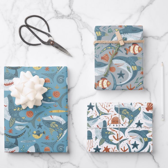 Modern Green Grey Sharks Ocean Sea Birthday Gifts Wrapping Paper Sheet (Front)