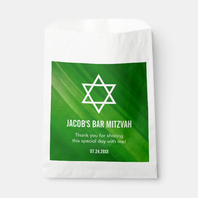 Modern Green Grunge Bar Mitzvah Personalised Favour Bags (Front)