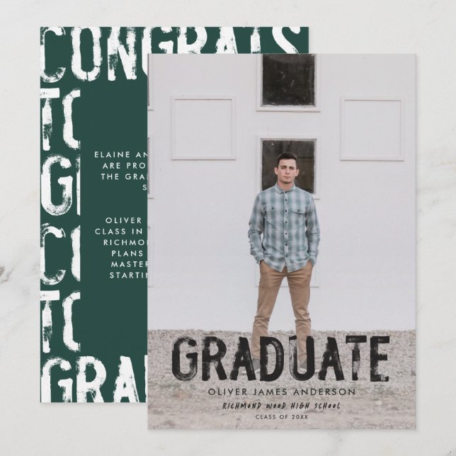 Modern green grungy photo graduation announcement (Front/Back)