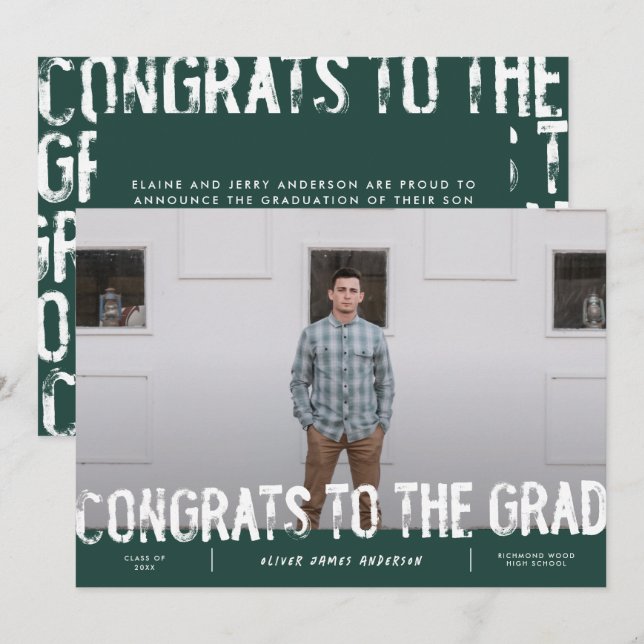 Modern green grungy photo graduation announcement (Front/Back)