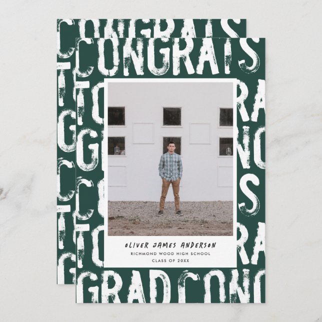 Modern green grungy photo graduation announcement (Front/Back)