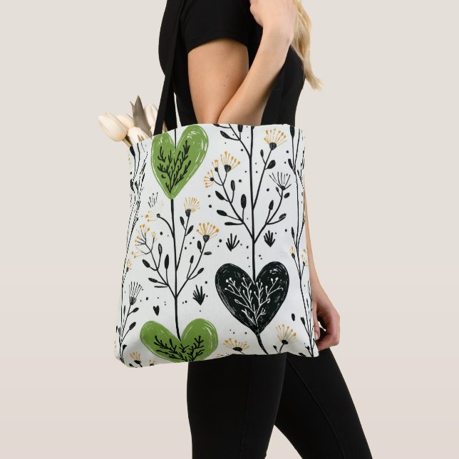Modern Green Heart Botanical Tote Bag (Close Up)