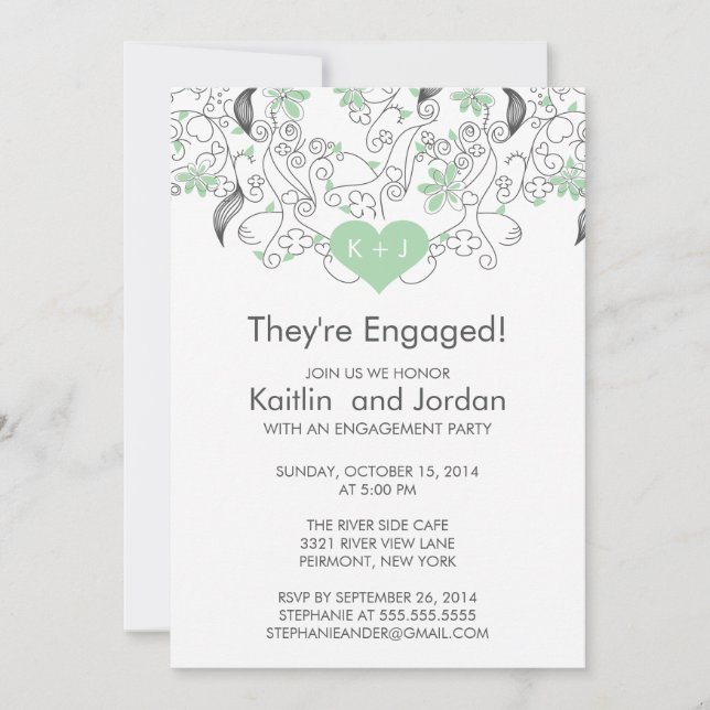 Modern Green Heart with Flowers Engagement Party Invitation (Front)