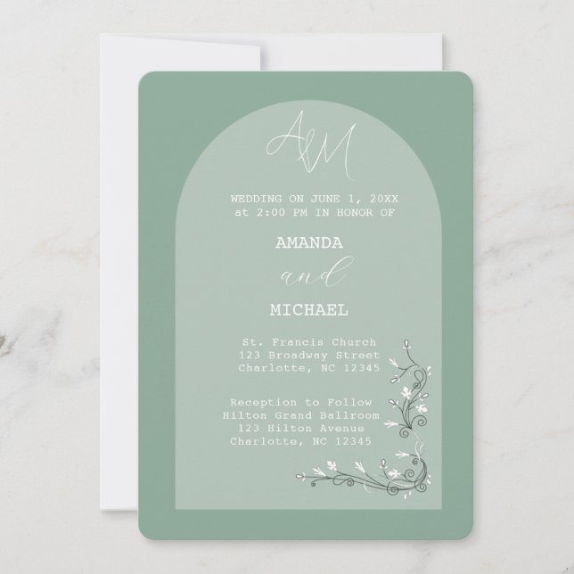 Modern Green Hues Arch Wedding Invitation (Front)