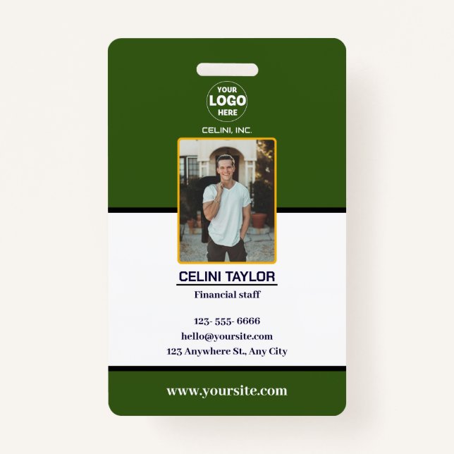 Modern Green ID Card with Photo & Logo ID Badge (Front)