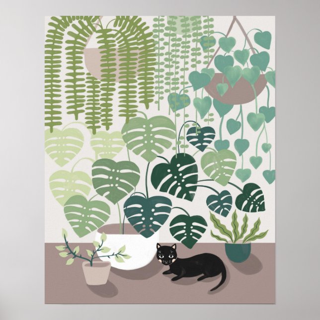 Modern Green Indoor Plants Cat Illustrated Poster (Front)