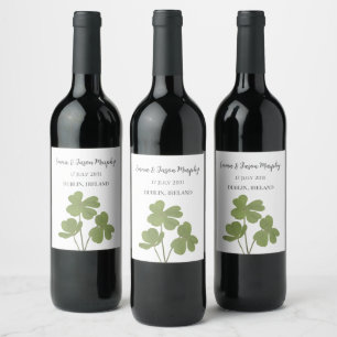 Modern Green Irish Clover Leaf Wedding Wine Label