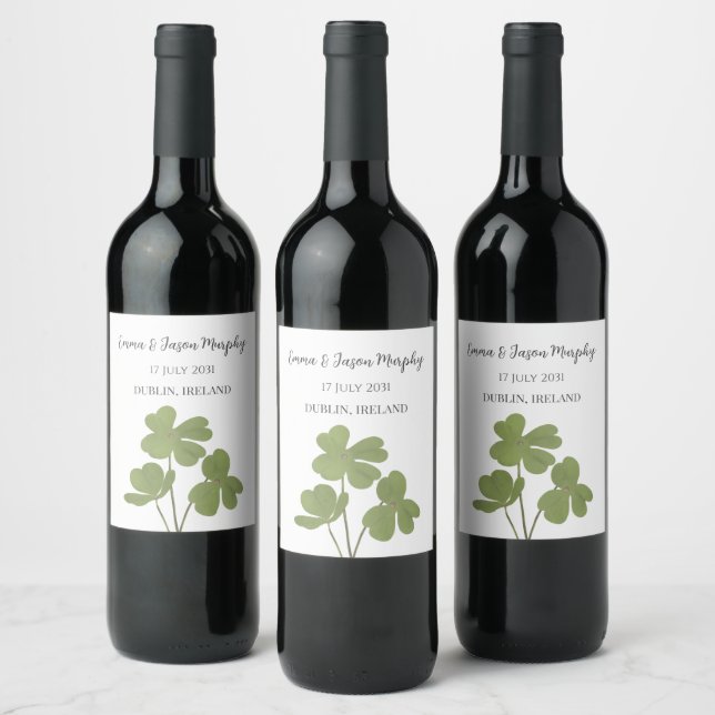  Modern Green Irish Clover Leaf Wedding   Wine Label (Bottles)