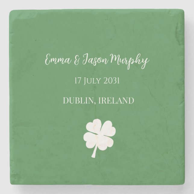  Modern Green Irish Four Leaf Clover Wedding Favou Stone Coaster (Front)