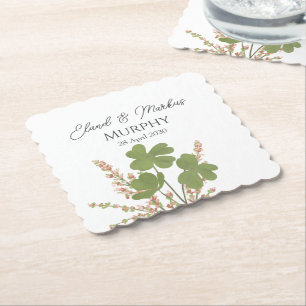 Modern Green Irish Leaf Clover Wedding Paper Coaster