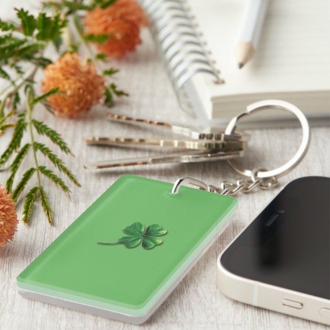 Modern Green Irish Shamrock Key Ring (Front Right)