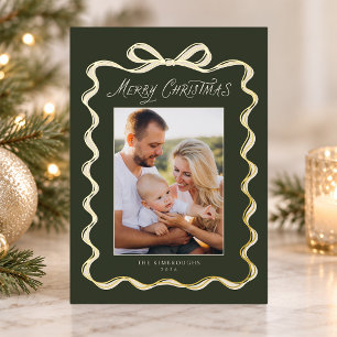 Modern Green Ivory Ribbon Bow Photo Foil Christmas Holiday Card