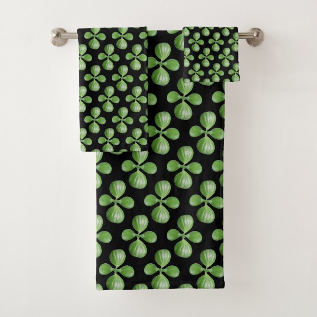 Modern Green Jade Tree Leaves on Black Bath Towel Set (Insitu)
