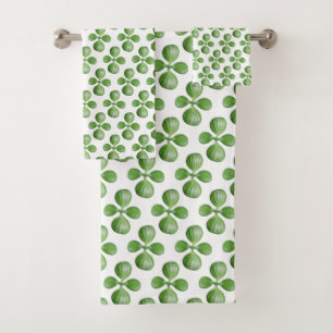 Modern Green Jade Tree Leaves on White Bath Towel Set