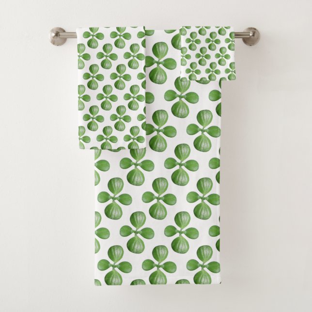 Modern Green Jade Tree Leaves on White Bath Towel Set (Insitu)
