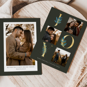 Modern Green Joy Gold Leaves 4 Photo Holiday Card