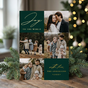 Modern Green Joy to the World 5 Photo Foil Holiday Card