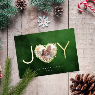 Modern Green Joyful Christmas Heart Wreath Photo Foil Holiday Card
