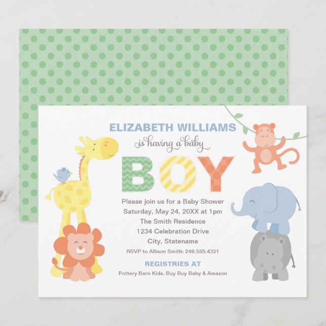 Modern Green Jungle Animals Baby Boy Shower Invitation (Front/Back)