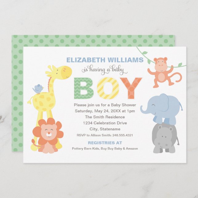 Modern Green Jungle Animals Boy Baby Shower Invitation (Front/Back)