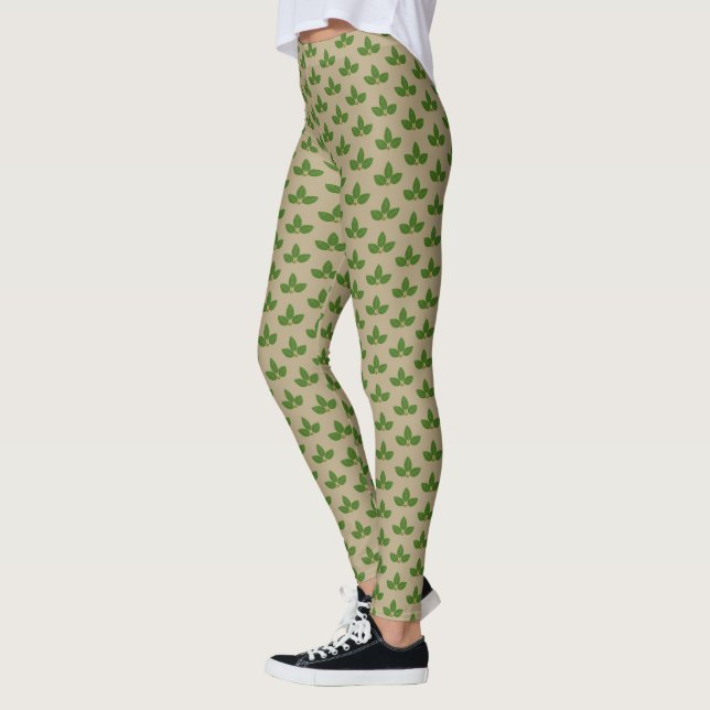 Modern Green Laurel Leaf Pattern on Beige Leggings (Left)
