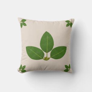 Modern Green Laurel Leaves on Beige Cushion