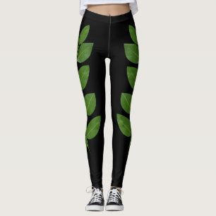 Modern Green Laurel Leaves on Black Leggings