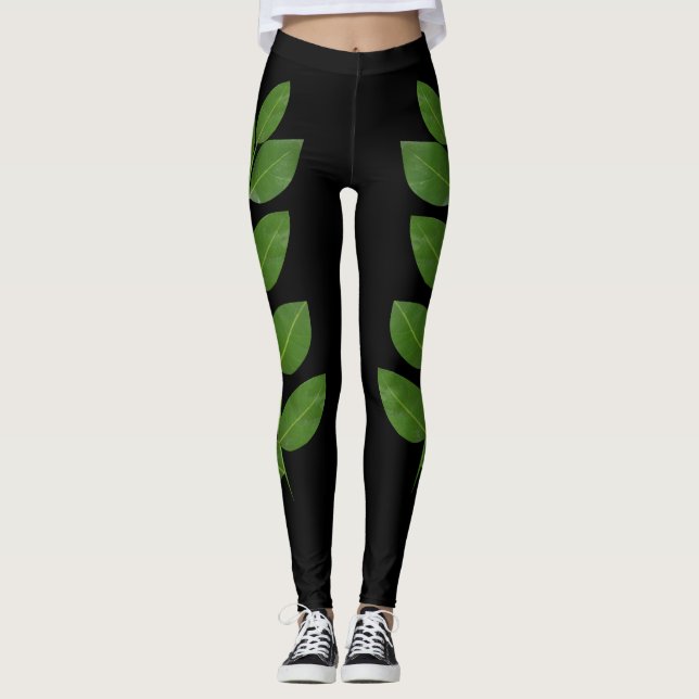 Modern Green Laurel Leaves on Black Leggings (Front)