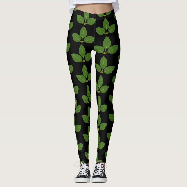 Modern Green Laurel Leaves Pattern Leggings (Front)