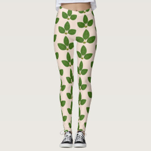Modern Green Laurel Leaves Pattern on Ivory Leggings